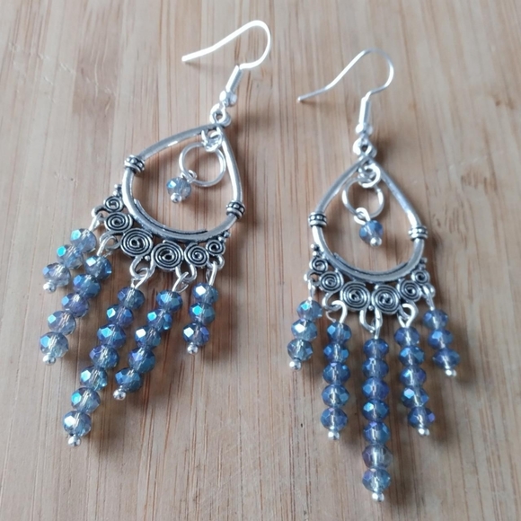 OOAK Handmade Chandelier Crystal Beaded Blue Earrings - Picture 2 of 3